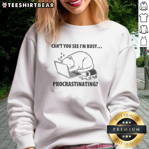 Funny cat graphic on a sweatshirt with the text Can't you see I'm busy procrastinating? perfect for cat lovers.