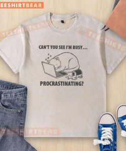 Funny cat with a humorous expression wearing a 'Can't You See I'm Busy Procrastinating' washed t-shirt.