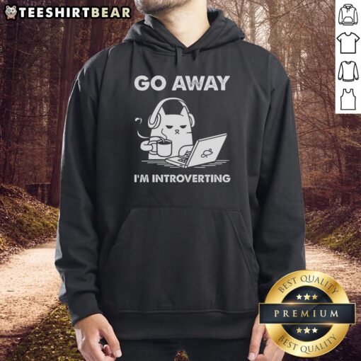 Funny cat wearing a hoodie that says 'Go Away, I'm Introverting' - perfect for cat lovers and introverts.