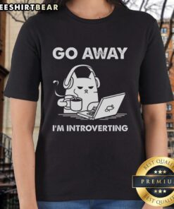 Funny cat graphic on a tee shirt with 'Go Away, I'm Introverting' text, perfect for cat lovers and introverts.