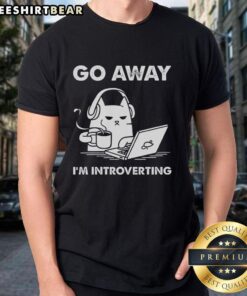 Funny cat graphic on a t-shirt with the text 'Go Away I'm Introverting' for cat lovers and introverts.