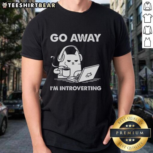 Funny cat graphic on a t-shirt with the text 'Go Away I'm Introverting' for cat lovers and introverts.