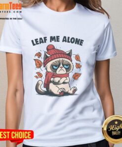 Funny cat themed Leaf Me Alone fall ladies tee featuring a playful feline design, perfect for autumn fashion.