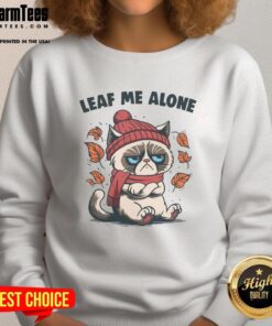 Funny cat on a fall-themed sweatshirt saying Leaf Me Alone, perfect for cozy autumn vibes and cat lovers.