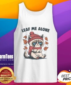 Funny cat on a leaf background wearing a tank top that says 'Leaf Me Alone This Fall' perfect for autumn cat lovers!