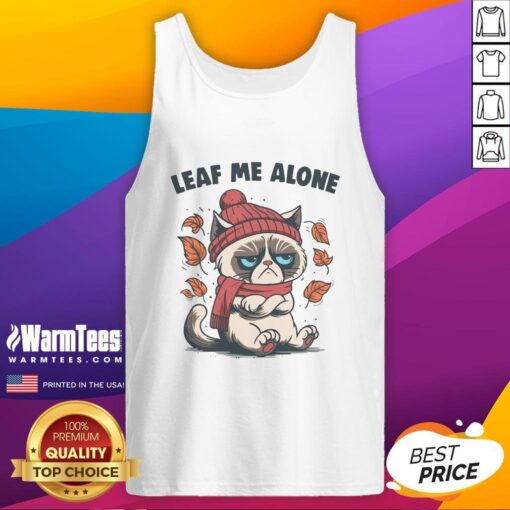 Funny cat on a leaf background wearing a tank top that says 'Leaf Me Alone This Fall' perfect for autumn cat lovers!