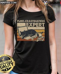Funny cat graphic on a vintage ladies tee, showcasing the purr-fect procrastination expert theme.