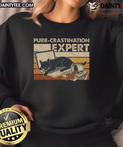 Alt Text: Vintage sweatshirt featuring a funny cat graphic with the phrase Purr-crastination Expert for cat lovers.