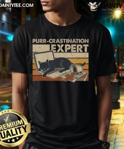 Funny Cat Purr-Crastination Expert Procrastination Vintage T-Shirt featuring a playful cat design and humorous text.