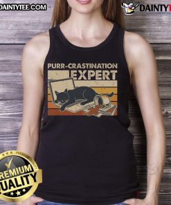 Funny cat in a vintage tank top, showcasing expert procrastination skills with a hilarious expression.