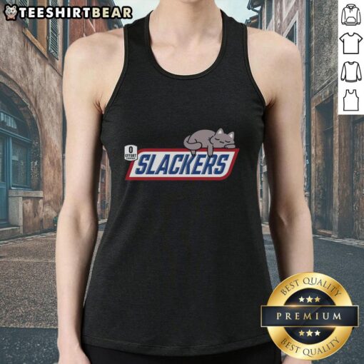 Funny cat graphic on a tank top, showcasing the 'Slackers 0 Effort Everyday' design for cat lovers and casual wear.