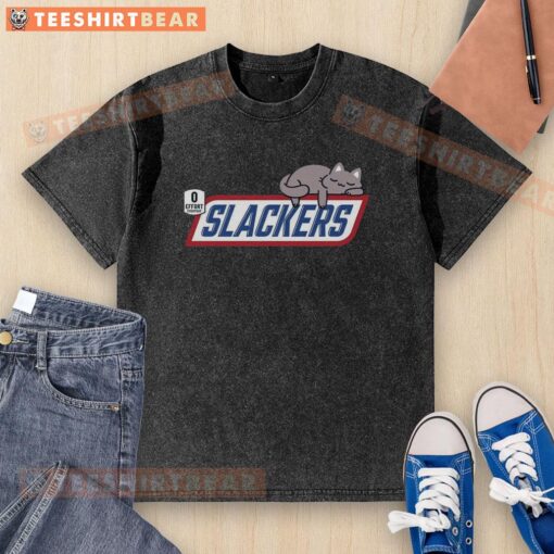 Funny Cat Slackers design on a washed t-shirt, showcasing a lazy feline with a humorous expression and vibrant colors.