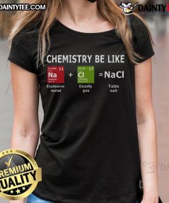 Funny Chemistry Be Like NaCl Ladies Tee featuring a humorous graphic of a salt molecule design for science lovers.