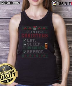 Alt Text: Funny Christmas tank top featuring 'Eat Sleep Long Island Iced Tea Repeat' design for holiday celebrations.