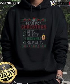 Funny Christmas hoodie with 'Eat Sleep Moscow Mule Repeat' slogan, perfect for holiday parties and festive gatherings.