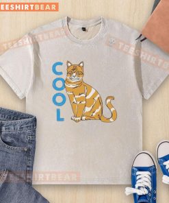 Funny cool striped cat graphic on a washed T-shirt, perfect for animal lovers and casual wear enthusiasts.