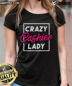 Funny crazy cashier lady at grocery store wearing a tee, showcasing humor in retail work. Perfect for fans of quirky tees!