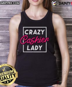 Funny crazy cashier lady in a grocery store wearing a tank top, showcasing her quirky personality and retail worker spirit.