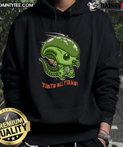 Funny cute alien parody hoodie featuring 'That's All Folks' text and playful graphics for quirky fashion lovers.
