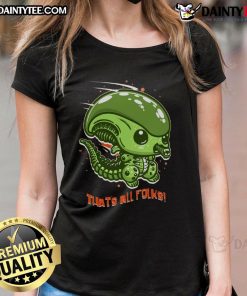 Funny cute alien parody tee featuring 'That's All Folks!' design for ladies, perfect for quirky casual wear.