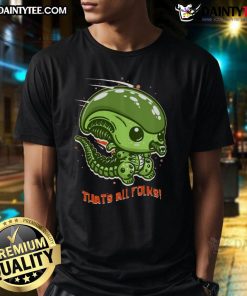 Alt Text: Funny cute alien parody T-shirt featuring 'That's All Folks' slogan, perfect for quirky fashion lovers.