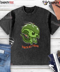 Funny cute alien parody t-shirt featuring 'That's All Folks' design, perfect for quirky fashion lovers.