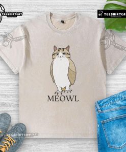 Alt Text: Funny cute cat and owl graphic on a washed t-shirt, perfect for animal lovers and casual wear enthusiasts.