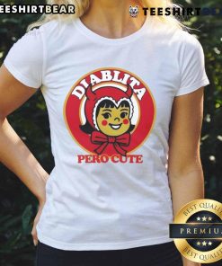 Funny Diablita Pero Cute Ringer Ladies Tee featuring a playful devil design, perfect for casual wear and showcasing your fun side.