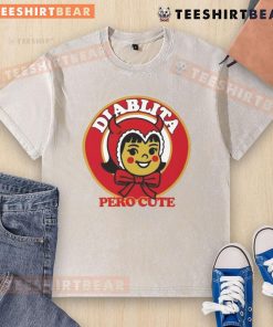 Funny Diablita Pero Cute Ringer Washed T-Shirt featuring a playful cartoon devil design, perfect for casual wear.