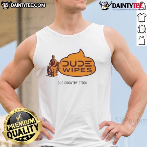 Funny dude wearing a tank top wipes an old country stool, showcasing humor and rustic charm in a playful setting.