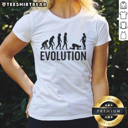 Funny evolution parody design on a ladies tee, showcasing humorous adult comedy graphics perfect for casual wear.