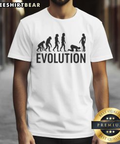 Funny evolution parody adult comedy T-shirt featuring humorous designs and playful graphics about human evolution.