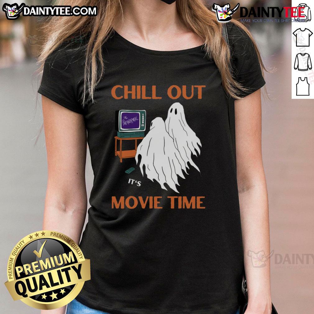 Funny Ghost Chill Out It'S Movie Time Halloween Ladies Tee Funny ghost graphic on a chill Halloween ladies tee, perfect for movie time and festive celebrations.