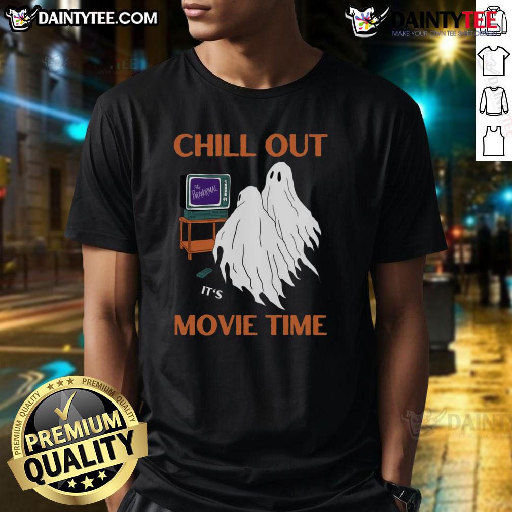 Funny Ghost Chill Out It'S Movie Time Halloween T Shirt Funny ghost graphic on a Halloween t-shirt with the phrase Chill Out It's Movie Time perfect for spooky movie nights.