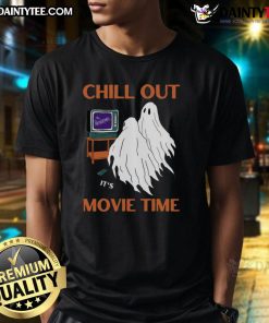 Funny ghost graphic on a Halloween t-shirt with the phrase Chill Out It's Movie Time perfect for spooky movie nights.