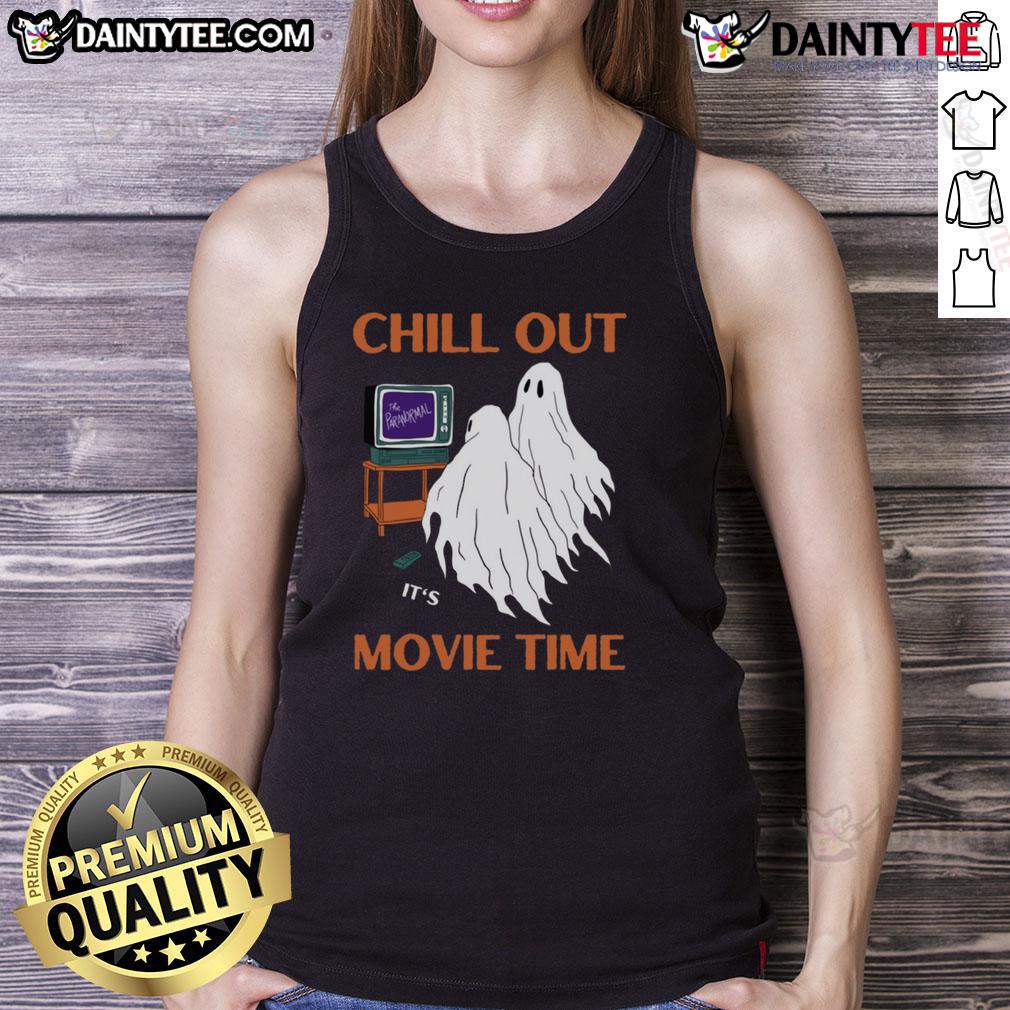 Funny Ghost Chill Out It'S Movie Time Halloween Tank Top Funny ghost graphic on a chill Halloween tank top for movie time, perfect for spooky season celebrations.