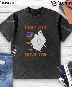 Funny ghost design on a chill-out Halloween washed t-shirt, perfect for movie time and festive celebrations.