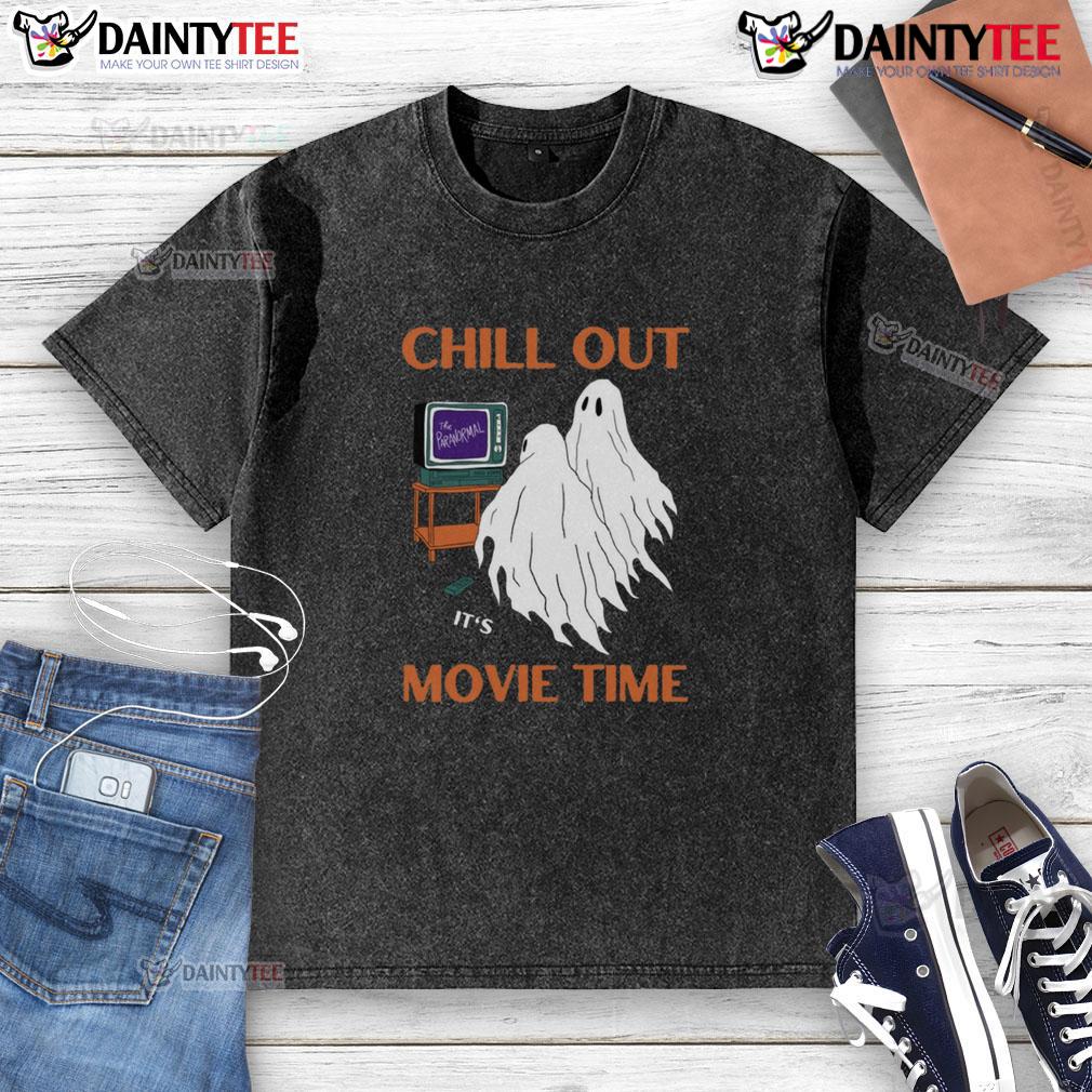 Funny Ghost Chill Out It'S Movie Time Halloween Washed T Shirt Funny ghost design on a chill-out Halloween washed t-shirt, perfect for movie time and festive celebrations.