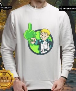 Funny green sweatshirt featuring a cartoon boy giving the middle finger, perfect for humor and casual wear.