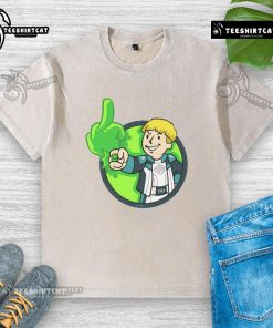 Funny green power t-shirt featuring a boy making a middle finger gesture, perfect for humorous casual wear.
