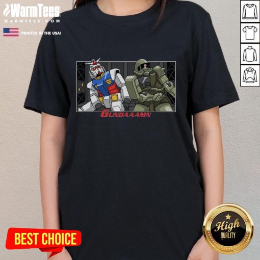 Funny Gundaaamn Gundam Damn meme on a ladies tee, showcasing a humorous graphic design for anime fans.