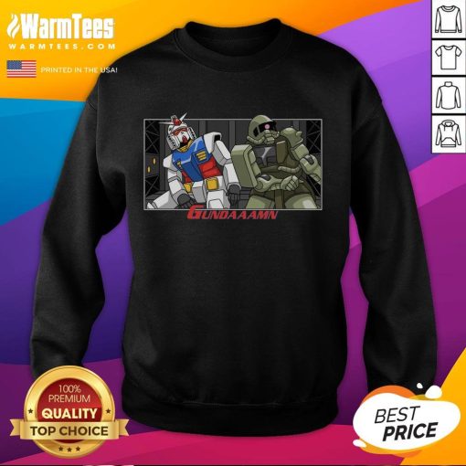 Funny Gundaaamn Gundam Damn meme sweatshirt featuring vibrant graphics and a humorous design for anime fans.