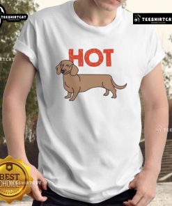 Funny hot dog dachshund graphic t-shirt featuring a cute dog in a hot dog costume, perfect for dog lovers.