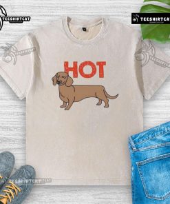 Alt Text: Funny hot dog dachshund graphic on a washed t-shirt, perfect for dog lovers and casual wear.