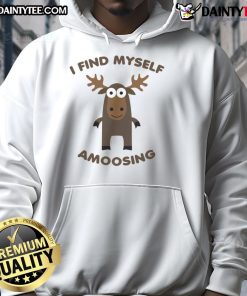 Funny 'I Find Myself Amoosing' hoodie featuring a playful design of a cartoon moose, perfect for casual wear.