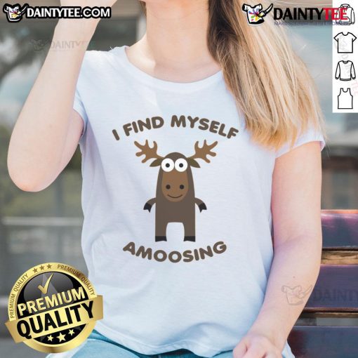 Alt Text: Funny 'I Find Myself Amoosing' ladies tee featuring a playful design and vibrant colors, perfect for casual wear.