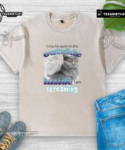 Funny cat-themed t-shirt featuring 'I may be quiet on the outside, but on the inside I am streaming' design.