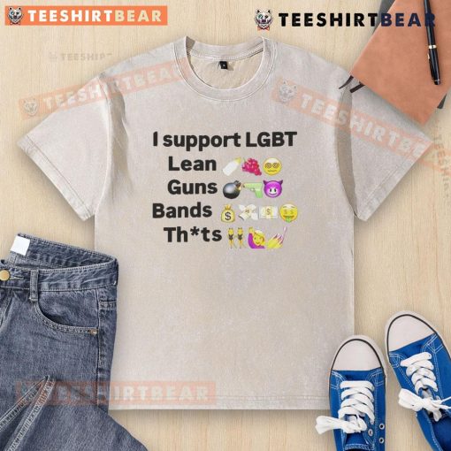 Alt Text: Funny I Support LGBT Lean Guns Bands T-Shirt in washed style, showcasing vibrant colors and a humorous design.
