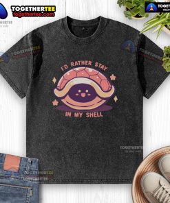 Funny 'I'd Rather Stay In My Shell' washed t-shirt design featuring a playful shell graphic and vibrant colors.