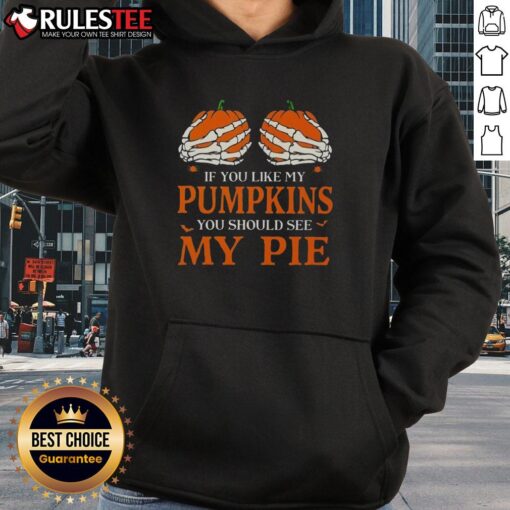 Funny Halloween hoodie featuring pumpkins and pie graphic, perfect for fall festivities and seasonal celebrations.